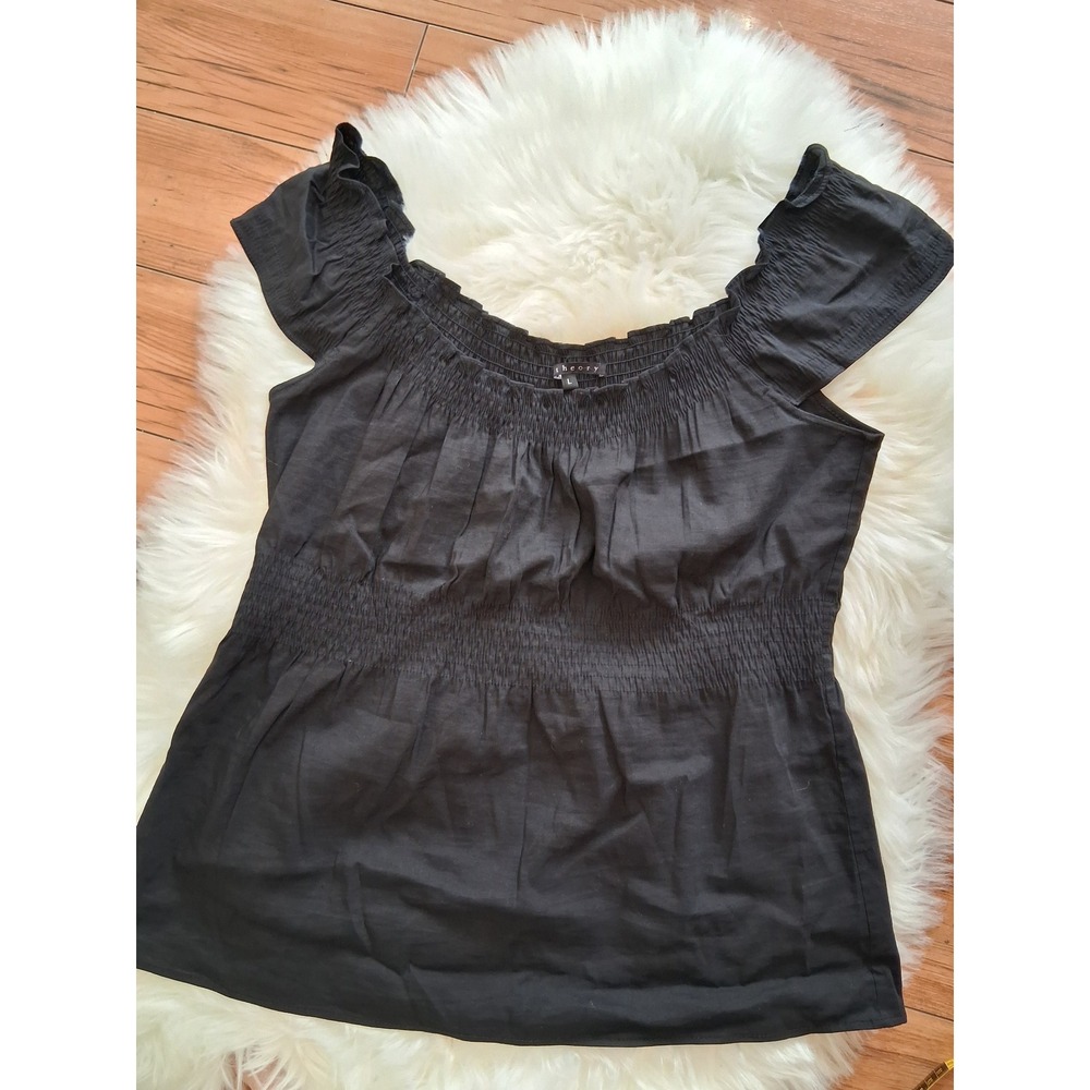 Theory Womens Black Smocked Waist Cap Sleeve Ruffle Square Neck Blouse Size L